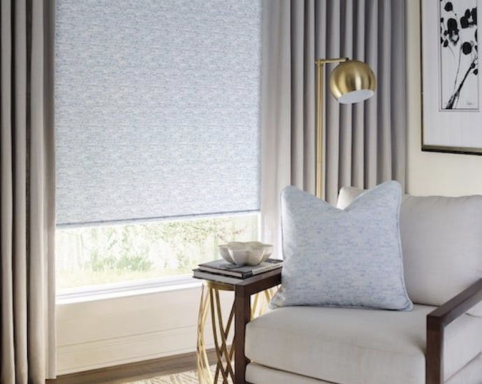 Modern, room with clean, straight curtains and translucent shade